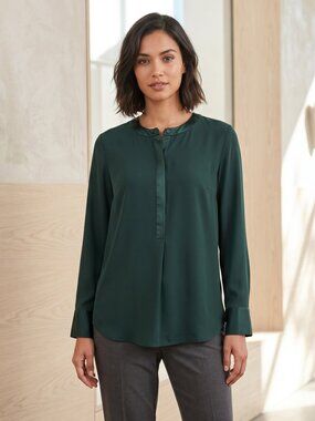 Merona Green Tunic Top XL Popover Satin Trim Office Minimalist Quiet Luxury Corp
